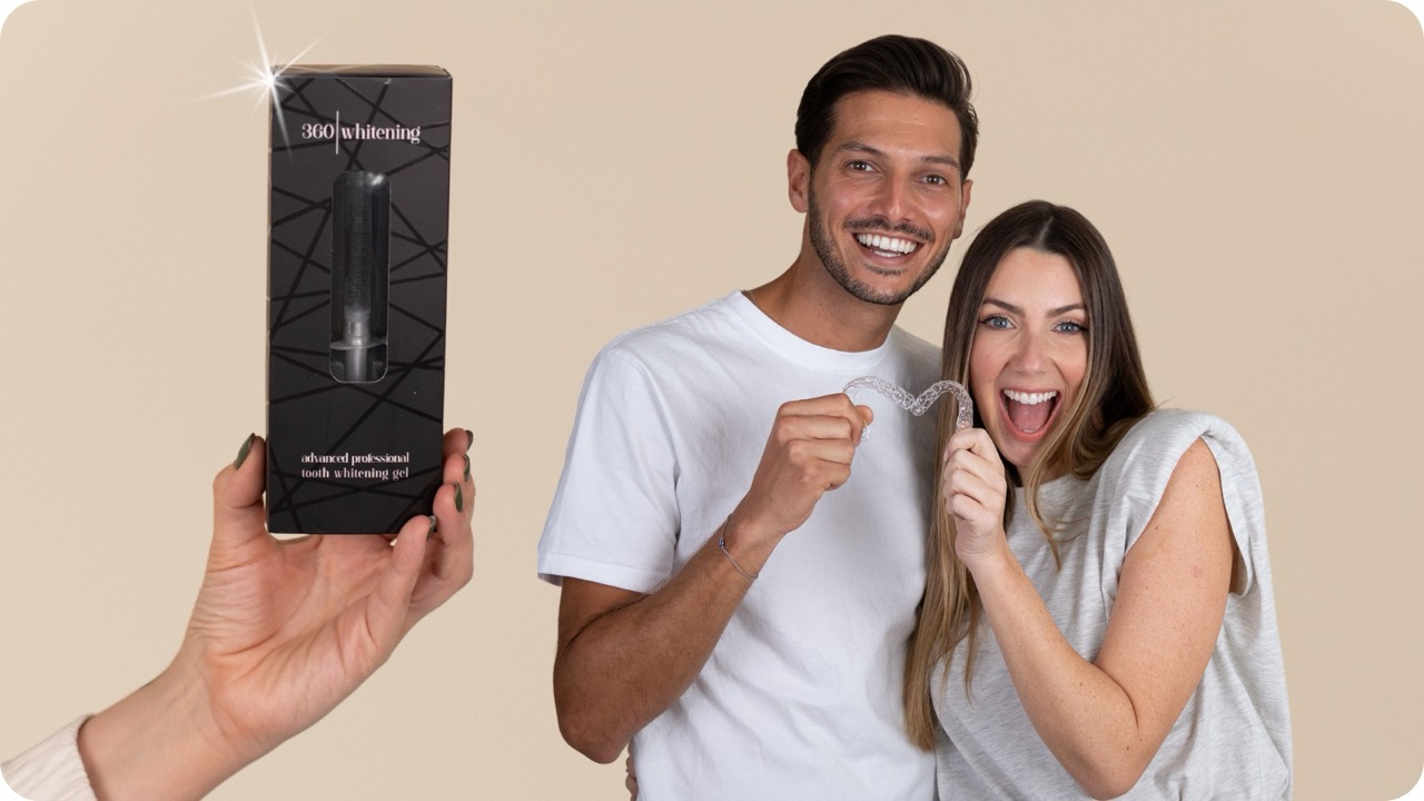 360 Whitening gel with happy couple holding retainers